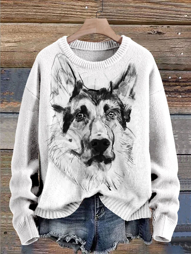 Vintage Dog Art Print Print Knit Pullover Sweater