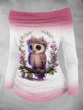 Women's Owl Art Print Off Shoulder Foldover Cinched T-shirt