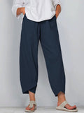 Women’s Solid Color Loose Elegant Casual Simple Cotton And Linen Ninth Pants Dark Blue / S