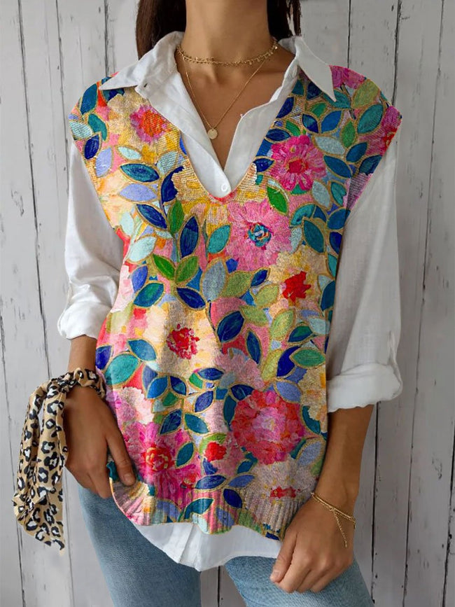 Women’s Flower Versatile Knitted Vest Multicolor / Over-Size