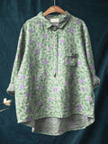 Women’s Vintage Lovely Floral Art Print Casual Cotton And Linen Shirt Green / S