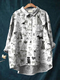 Vintage Lovely Dogs Art Print Casual Cotton And Linen Shirt Multicolor / S