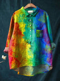 Rainbow Color Splash Paint Pattern Printed Women’s Casual Cotton And Linen Shirt Multicolor / S