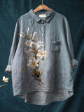 Women’s Vintage Elegant Lily Art Print Casual Cotton And Linen Shirt Blue / S