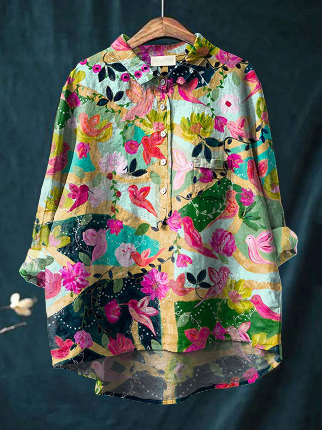 Women’s Flower Bird Print Casual Cotton And Linen Shirt Multicolor / S