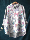 Watercolor Puppy Dog Pattern Printed Women’s Casual Cotton And Linen Shirt Multicolor / S