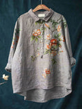 Women’s Vintage Ethnic Floral Art Print Casual Cotton And Linen Shirt Grey / S