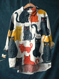 Women’s Retro Colorful Cat Print Casual Cotton And Linen Shirt Multicolor / S