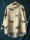 Horse Repeat Pattern Printed Women’s Casual Cotton And Linen Shirt Sand / S