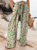 Women’s Vintage Floral Art Printed Cotton And Linen Casual Pants Multicolor / S