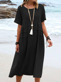 Women’s Solid Color Loose Elegant Casual Cotton And Linen Dress Black / S