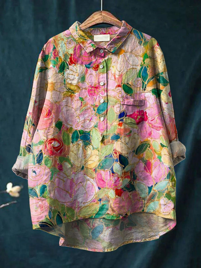 Women’s Colorful Flower Print Casual Cotton And Linen Shirt Multicolor / S