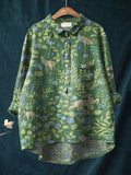 Women’s Vintage Floral Animals Art Print Casual Cotton And Linen Shirt Green / S