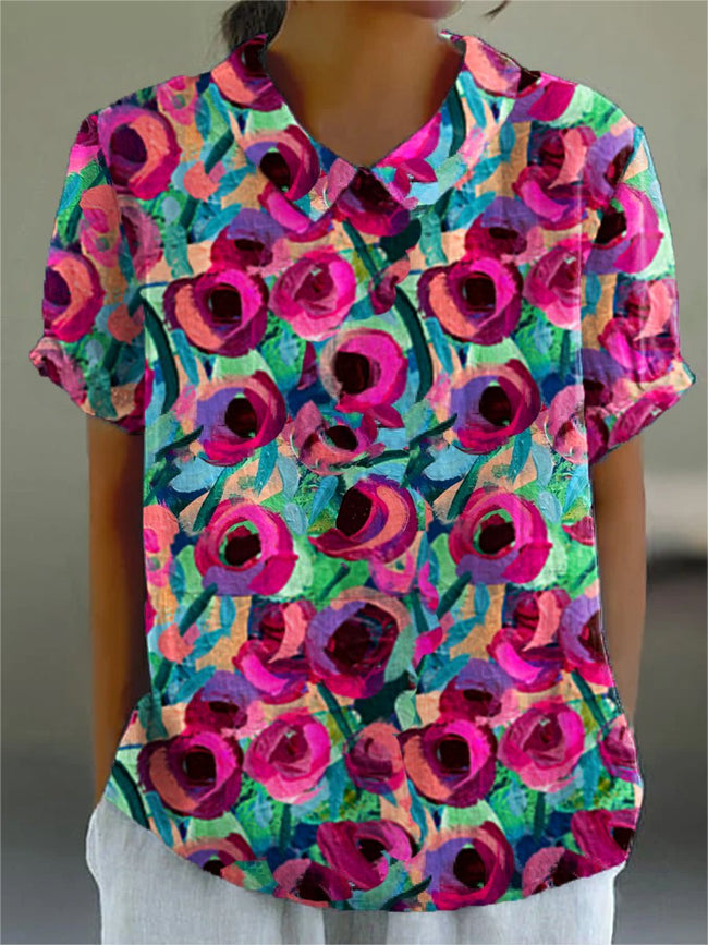 Women’s Floral Art Print Casual Cotton And Linen Shirt Multicolor / S