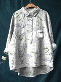 Women’s Blue Floral Print On White Background Casual Cotton And Linen Shirt Multicolor / S