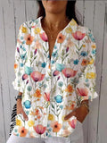 Women’s Colorful Floral Watercolor Print Casual Linen V-Neck Shirt Multicolor / S