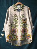 Tropical Floral Symmetrical Pattern Printed Women’s Casual Cotton And Linen Shirt Multicolor / S