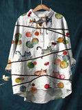 Cat Art Print Casual Cotton And Linen Shirt Multicolor / S