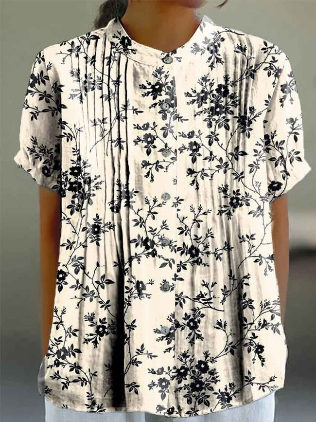 Women’s Elegant Black Floral Print Casual Cotton And Linen Shirt Multicolor / S