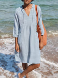 Women’s Solid Color Loose Elegant Casual V-Neck Pocket Cotton And Linen Dress Blue / S