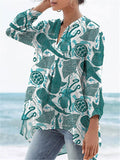 Vibrant Sea Creatures Pattern Printed Women’s Casual Linen V-Neck Shirt Greenwhite / S