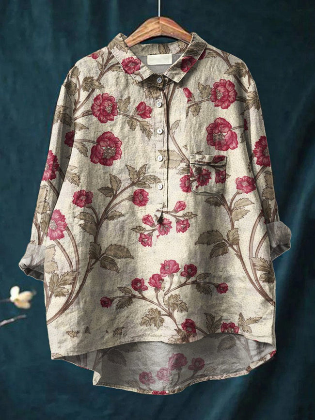 Women’s Floral Art Print Casual Cotton And Linen Shirt Multicolor / S