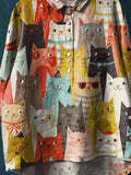 Vintage Lovely Cats Art Print Casual Cotton And Linen Shirt