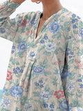 Vintage Style Tranquil Spring Garden Pattern Printed Women’s Casual Linen V-Neck Shirt