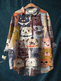 Women’s Retro Cute Puppy Illustration Print Casual Cotton And Linen Shirt Multicolor / S