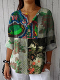 Women’s Retro Art Dark Color Floral Print Casual Cotton And Linen Shirt Multicolor / S