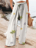 Women’s Vintage Beach Print Art Linen Casual Pants Multicolor / S