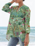 Women’s Vintage Lovely Woodland Animals Art Print Casual Linen V-Neck Shirt Multicolor / S