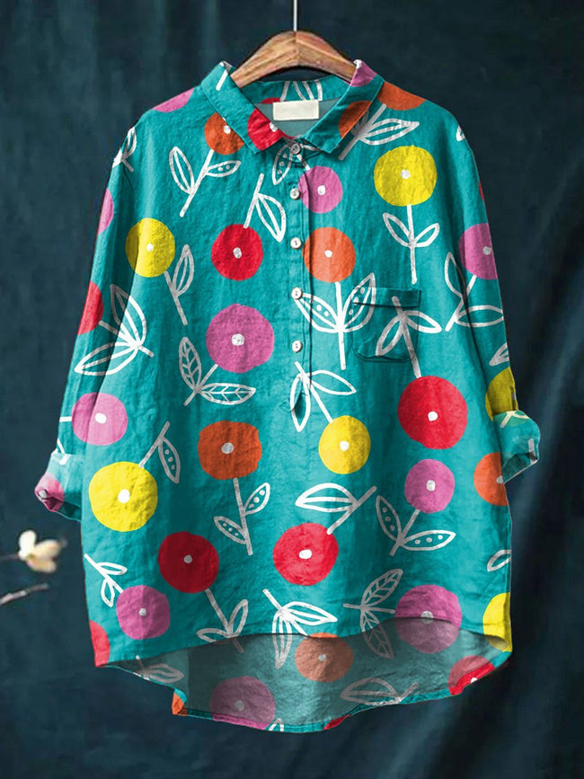 Women’s Vintage Print Casual Cotton And Linen Shirt Multicolor / S