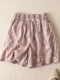 Embroidery Floral Casual Elastic Waist Shorts Pink / M