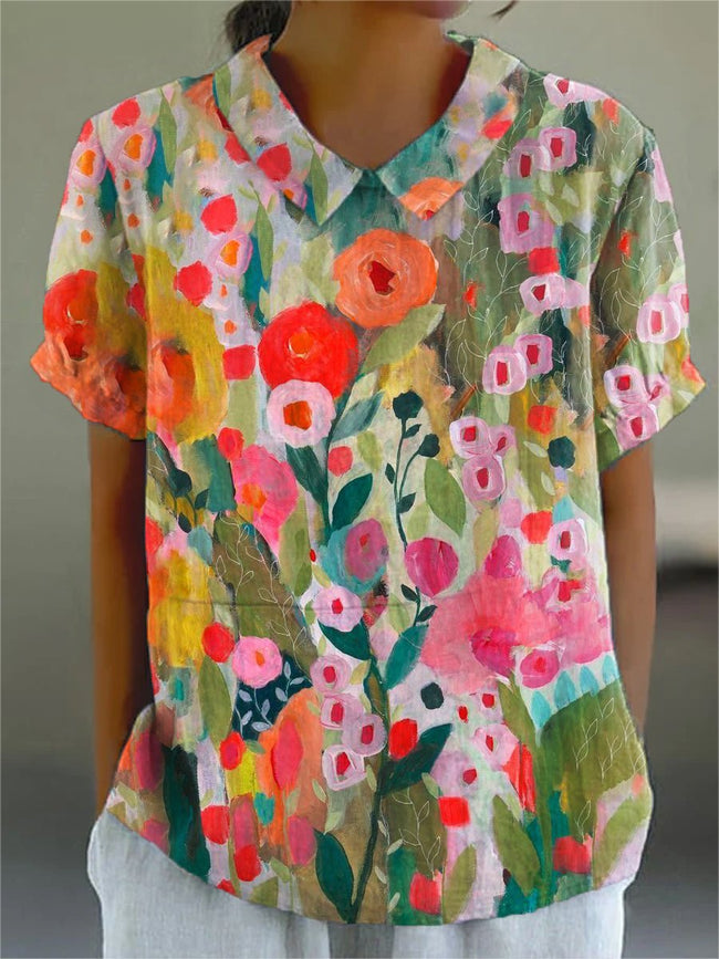 Women's Floral Art Print Casual Cotton And Linen Shirt