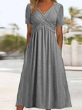 Women’s Half Sleeve V-Neck Solid Color Pockets Midi Dress Grey / S