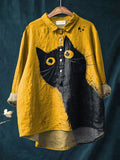 Vintage Lovely Cat Art Print Casual Cotton And Linen Shirt Yellow / S