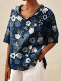 Women’s Flower Art Print Casual Linen V-Neck Shirt Multicolor / S