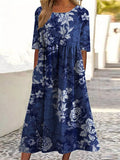 Women’s Vintage Floral Art Print Pocket Cotton Dress Blue / S