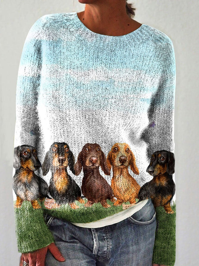 Dachshund Lawn Party Print Knit Pullover Sweater