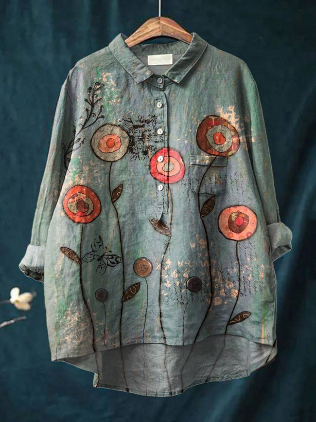 Women’s Flower Print Casual Cotton And Linen Shirt Multicolor / S