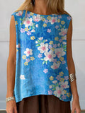 Japanese Traditional Spring Blossom Pattern Printed Women’s Casual Cotton And Linen Tank Top