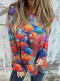 Colorful Tropical Fish Pattern Printed Women’s Button Back Casual Knitted Shirt Multicolor / S