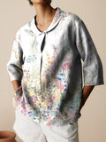 Women’s Vintage Botanical Floral Print Casual Linen Cotton 3/4 Sleeve Shirt Multicolor / S