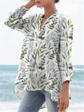 Watercolor Spring Lawn Pattern Printed Women’s Casual Linen V-Neck Shirt Whitegreen / S