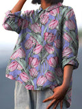 Women’s Vintage Lovely Tulips Art Print Casual Cotton And Linen Shirt