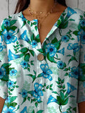 Summer Tropical Blue Floral Pattern Printed Women’s Casual Cotton Linen Shirt