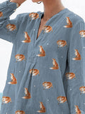 Petite Foxes Repeat Pattern Printed Women’s Casual Linen V-Neck Shirt