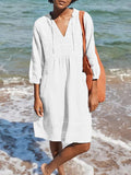 Women’s Solid Color Loose Elegant Casual V-Neck Pocket Cotton And Linen Dress White / S