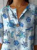 Ocean Blue Sea Creatures Pattern Printed Women’s Casual Cotton Linen Shirt